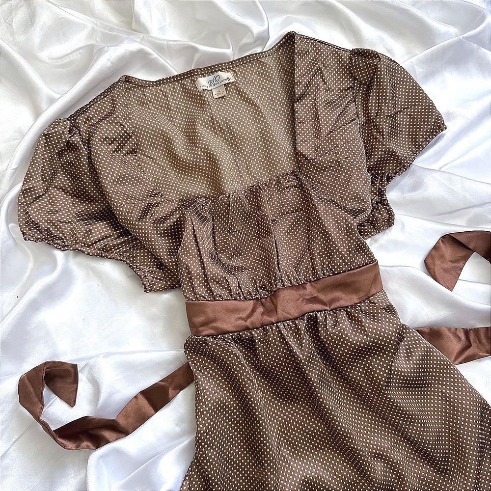 Sweet Claire Brown Polka Dot Babydoll Top Satin Sash Empire Waist XL